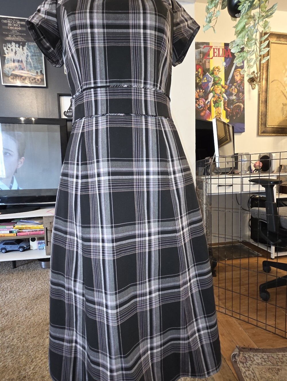 Isaac Mizrahi Black and Gray Plaid Midi Fit-and-Flare Dress